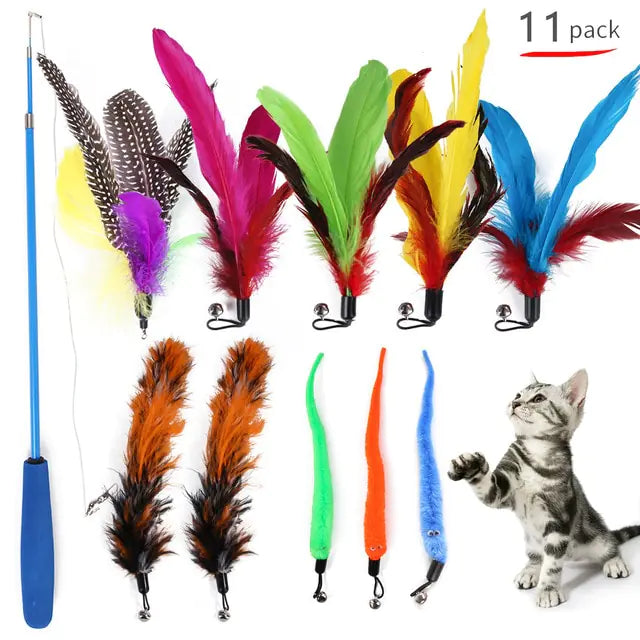 Retractable Cat Feather Toy Set